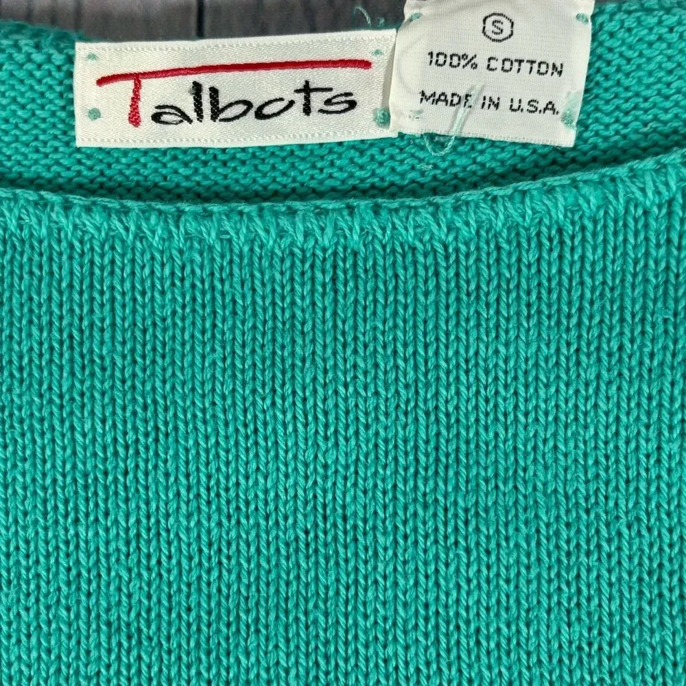 VINTAGE Talbots 90s Teal Blue Cotton Feminine Classic Short Sleeve Sweater S
